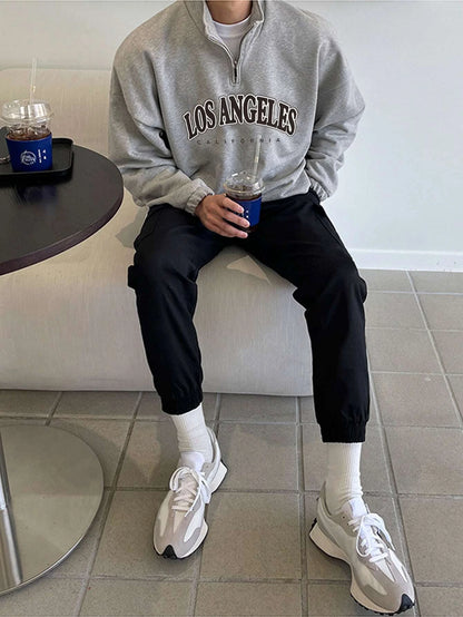 Manfinity Hypemode Men Letter Graphic Quarter Zipper Drop Shoulder Loose Sweatshirt without Tee, Light Grey Letter Long Sleeve Casual Mock Neck Sweatshirt, for Friends, Husband, Boyfriend Gifts, Back to School