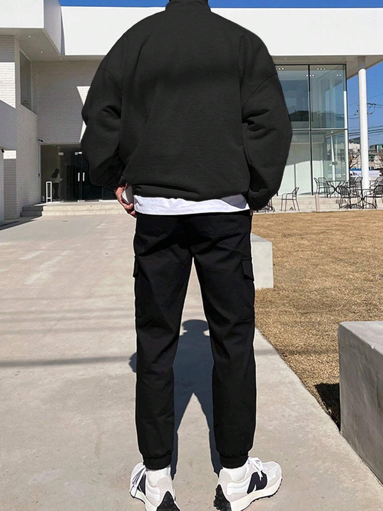 Manfinity Hypemode Men Letter Graphic Quarter Zipper Drop Shoulder Loose Sweatshirt without Tee, Light Grey Letter Long Sleeve Casual Mock Neck Sweatshirt, for Friends, Husband, Boyfriend Gifts, Back to School