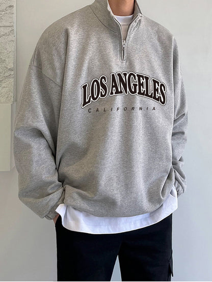 Manfinity Hypemode Men Letter Graphic Quarter Zipper Drop Shoulder Loose Sweatshirt without Tee, Light Grey Letter Long Sleeve Casual Mock Neck Sweatshirt, for Friends, Husband, Boyfriend Gifts, Back to School