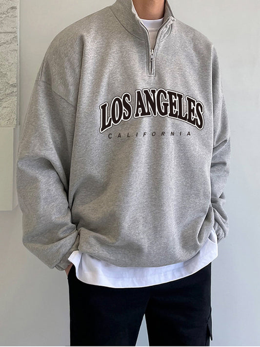 Manfinity Hypemode Men Letter Graphic Quarter Zipper Drop Shoulder Loose Sweatshirt without Tee, Light Grey Letter Long Sleeve Casual Mock Neck Sweatshirt, for Friends, Husband, Boyfriend Gifts, Back to School